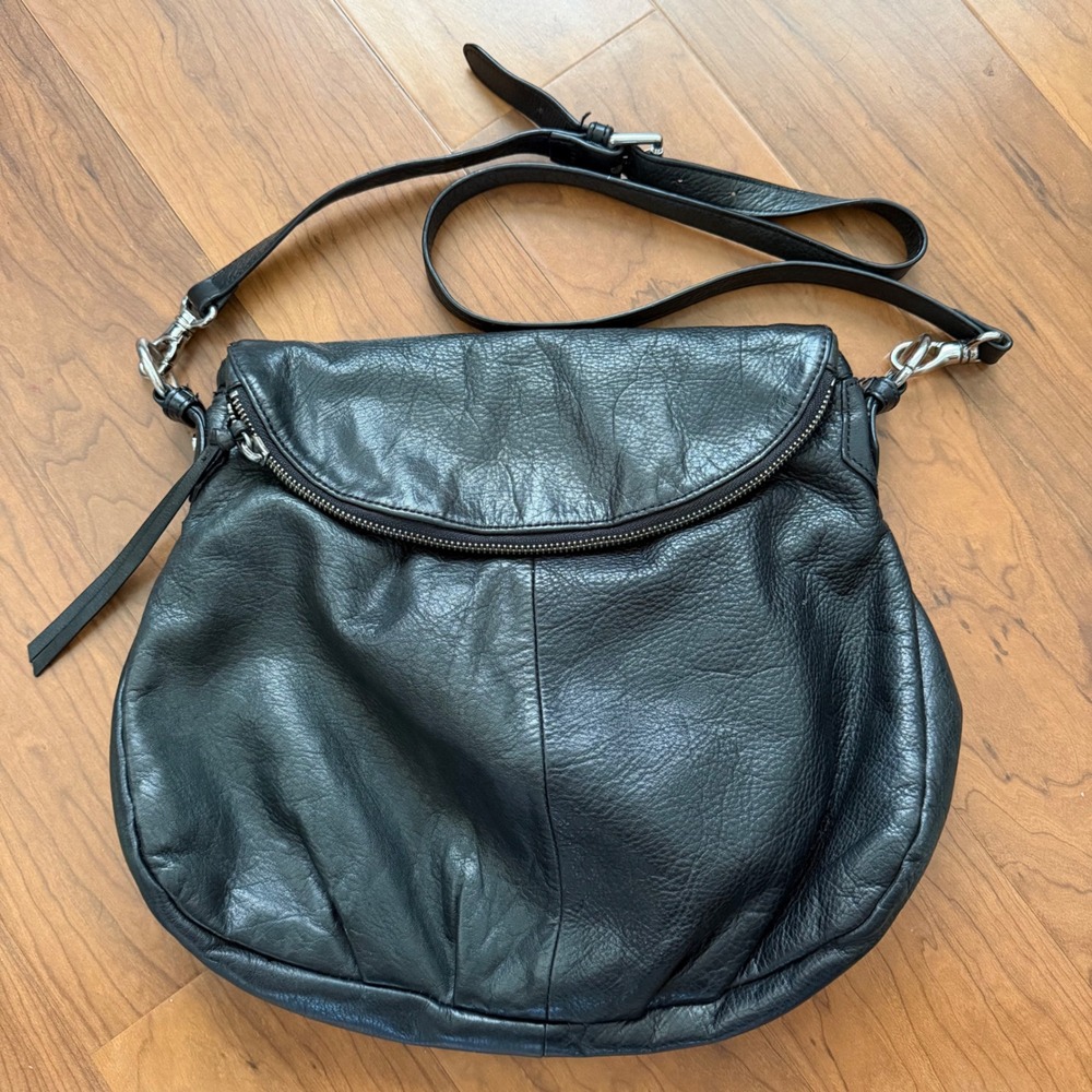 Margot Black Pebbled Leather Crossbody Bag Silver Hardware Foldover Flap Slouchy
